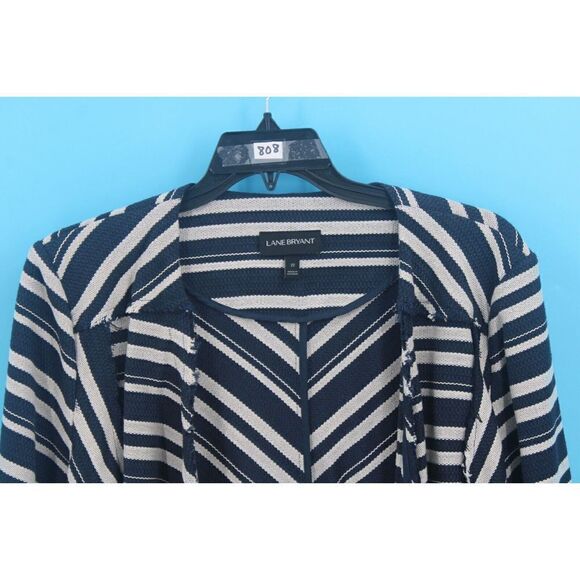 Lane Bryant Plus Sz 22 Navy Ivory Stripe Blazer Open Front Raw Seam - Picture 2 of 5